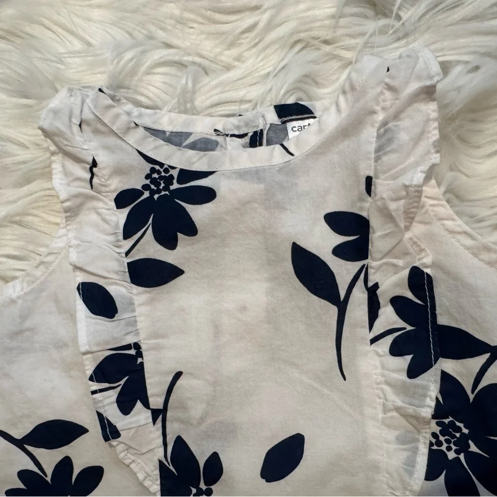 Carter’s‎ Baby Girl Floral Ruffle Top 12M White Blue Sleeveless Blouse